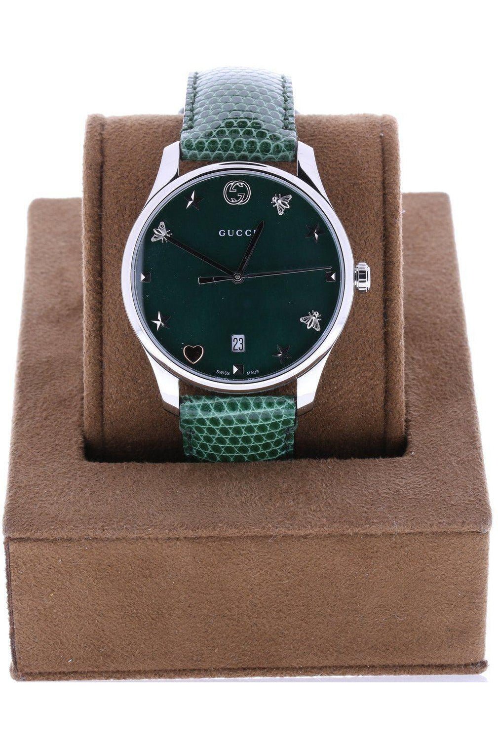 Gucci G-Timeless Green Mother of Pearl Dial Green Leather Strap Watch For Women - YA126585