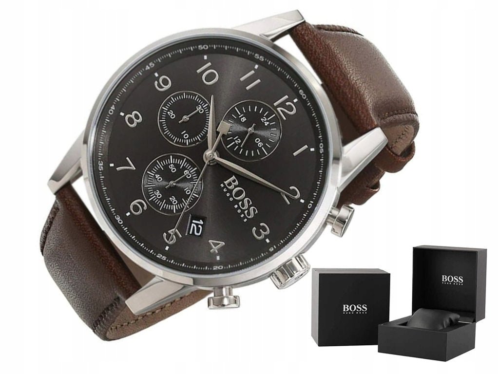 Hugo Boss Navigator Chronograph Grey Dial Brown Leather Strap Watch for Men - 1513494