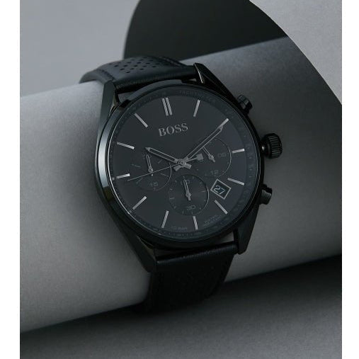 Hugo Boss Champion Chronograph Black Dial Black Leather Strap Watch for Men - 1513880