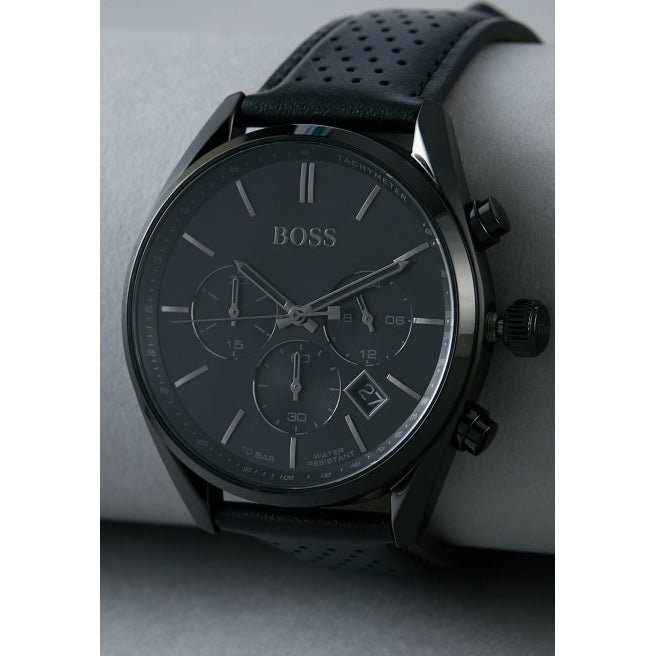 Hugo Boss Champion Chronograph Black Dial Black Leather Strap Watch for Men - 1513880