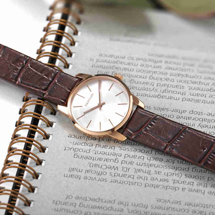 Calvin Klein City White Mother of Pearl Dial Brown Leather Strap Watch for Women - K2G23620