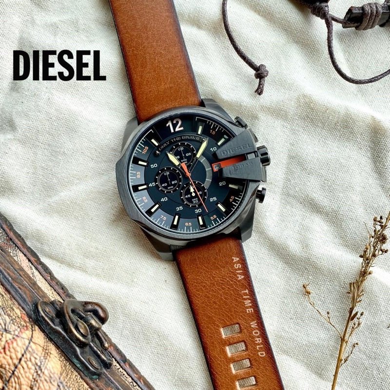 Diesel Mega Chief Chronograph Black Dial Brown Leather Strap Watch For Men - DZ4343
