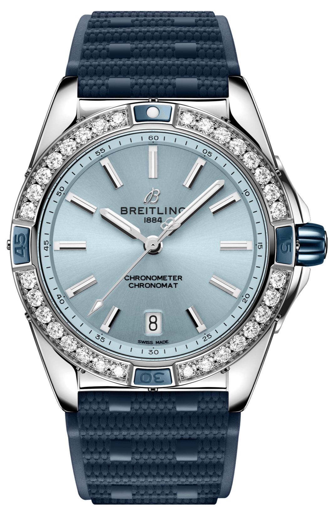 Breitling Super Chronomat Automatic 38 Diamonds Blue Dial Blue Rubber Strap Watch for Women - A17356531C1S1