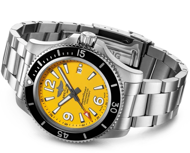 Breitling Superocean Automatic 44mm Yellow Dial Silver Steel Strap Watch for Men - A17375211/1A1