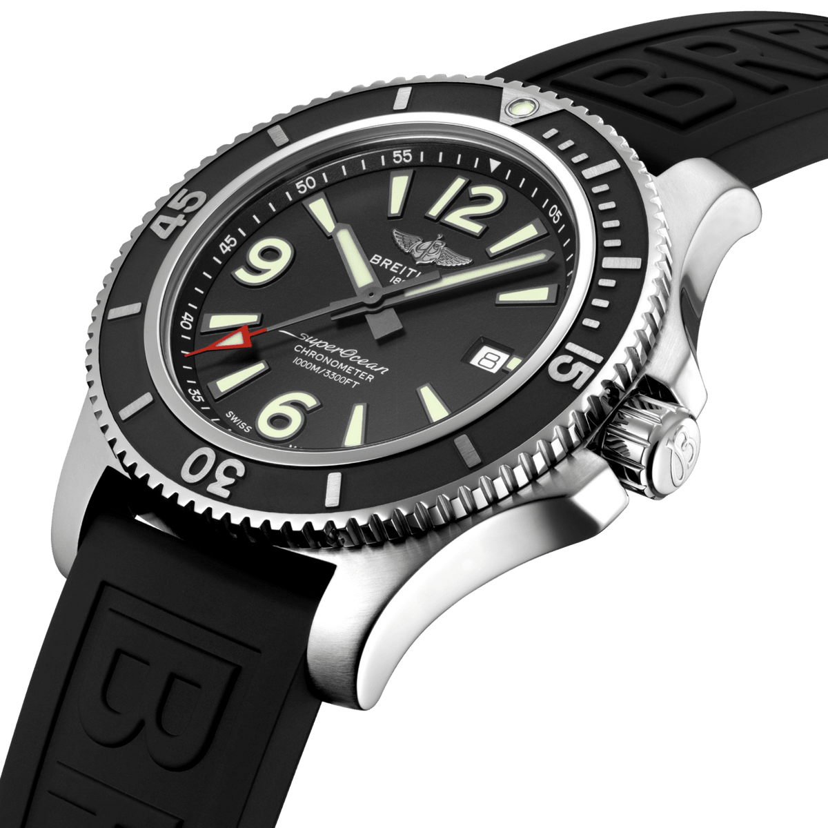 Breitling Superocean II 44mm Black Dial Black Rubber Strap Watch for Men - A17367D71B1S2