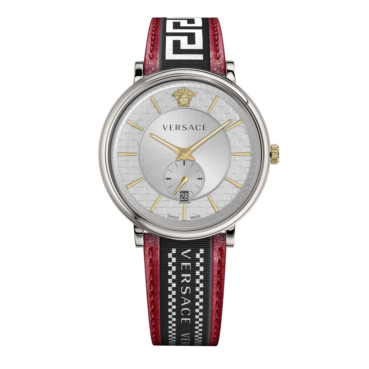 Versace V Circle Silver Dial Two Tone Leather Strap Watch for Men - VEBQ01319