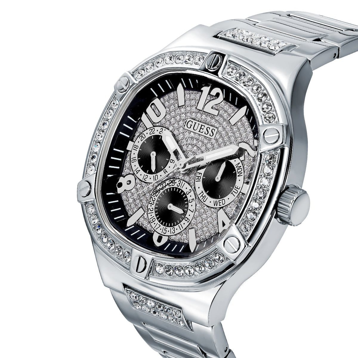 Guess Duke Glitz Black Dial Silver Steel Strap Watch For Men - GW0576G1