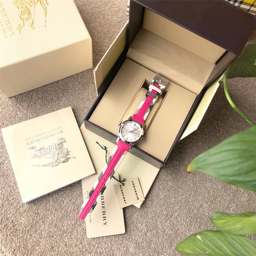 Burberry The City White Dial Haymarket Pink Leather Strap Watch for Women - BU9149