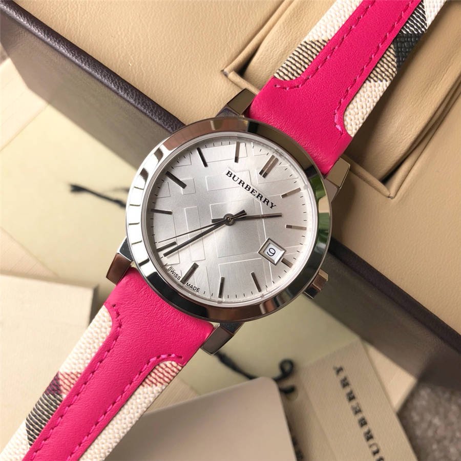 Burberry The City White Dial Haymarket Pink Leather Strap Watch for Women - BU9149