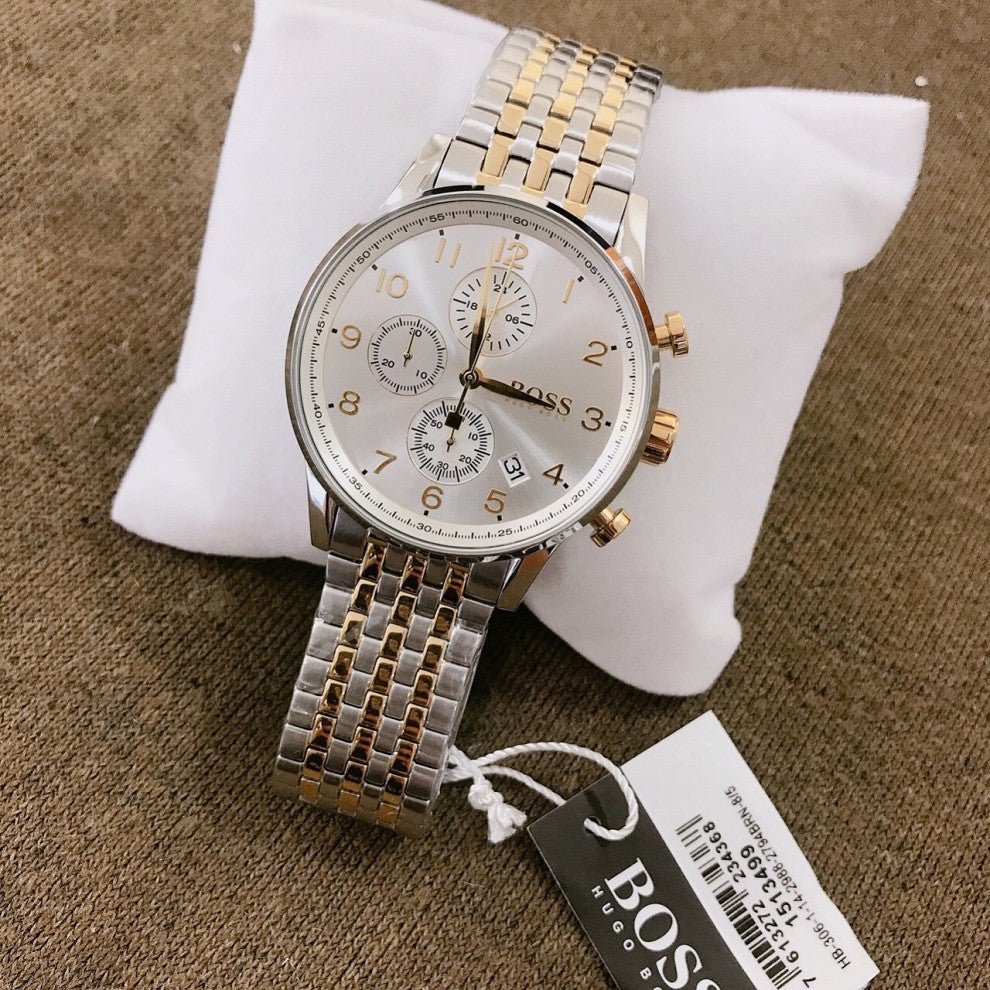 Hugo Boss Navigator Chronograph White Dial Two Tone Steel Strap Watch for Men - 1513499