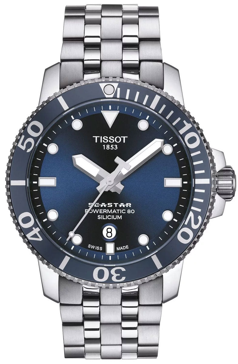 Tissot T Sport Seastar 1000 Powermatic Silicium Blue Dial Silver Steel Strap Watch For Men - T120.407.11.041.01