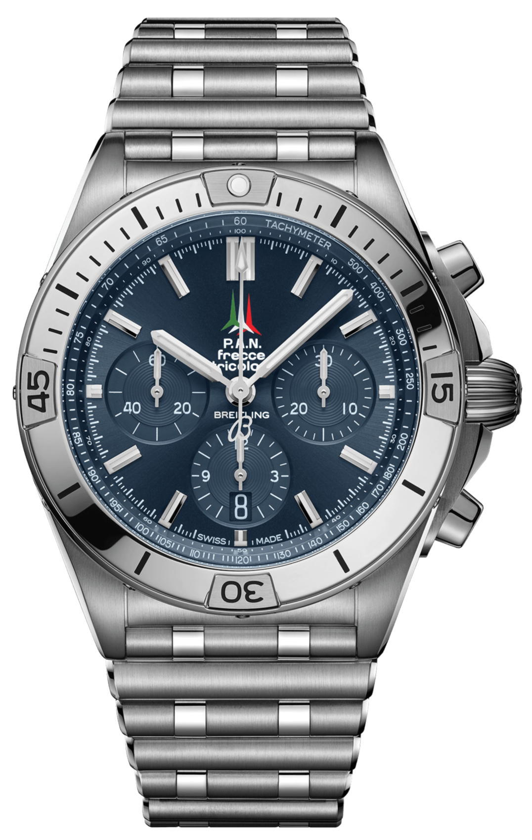 Breitling Chronomat B01 42 Frecce Tricolori Blue Dial Silver Steel Strap Watch for Men - AB01344A1C1A1
