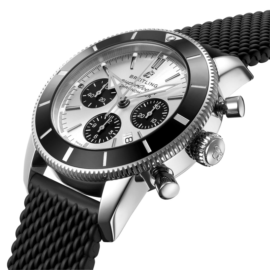 Breitling Superocean Heritage B01 Chronograph 44 Silver Dial Black Mesh Bracelet Watch for Men - AB0162121G1S1