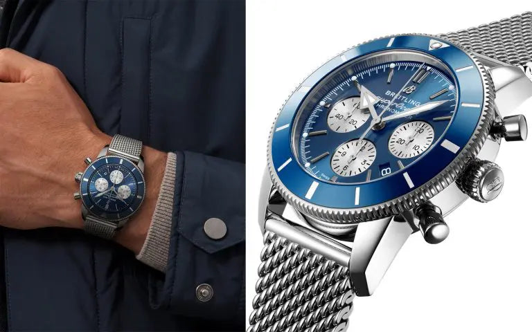 Breitling Superocean Heritage B01 Chronograph 44 Blue Dial Silver Mesh Bracelet Watch for Men - AB0162161C1A1