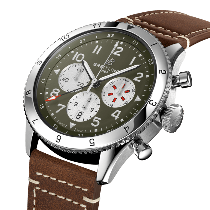 Breitling Super Avi B04 Chronograph GMT 46 Curtiss Warhawk Green Dial Brown Leather Strap Watch for Men - AB04452A1L1X1