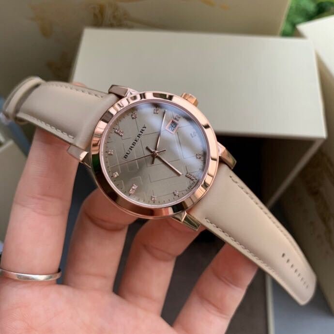 Burberry The City Diamonds Gold Dial Beige Leather Strap Watch for Women - BU9131