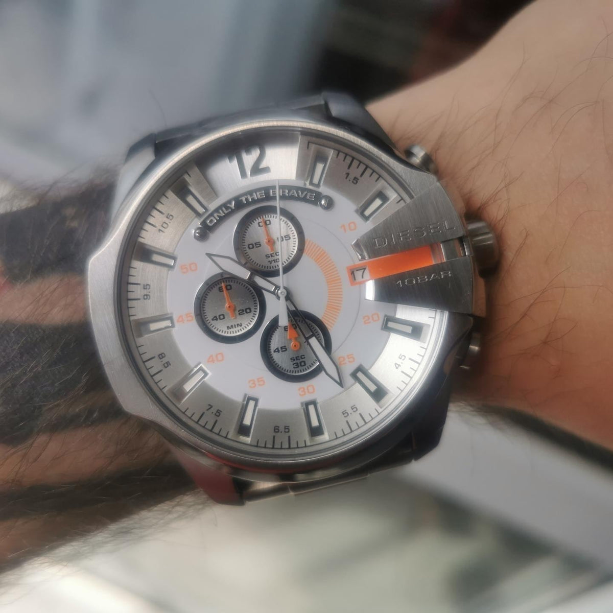 Diesel Mega Chief Chronograph White Dial Silver Steel Strap Watch For Men - DZ4328