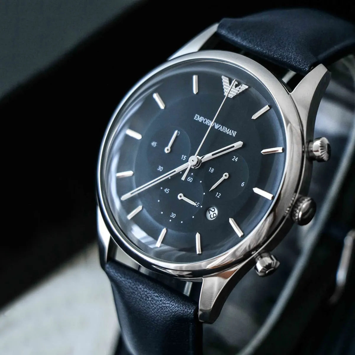 Emporio Armani Lambda Chronograph Blue Dial Blue Leather Strap Watch For Men - AR11018