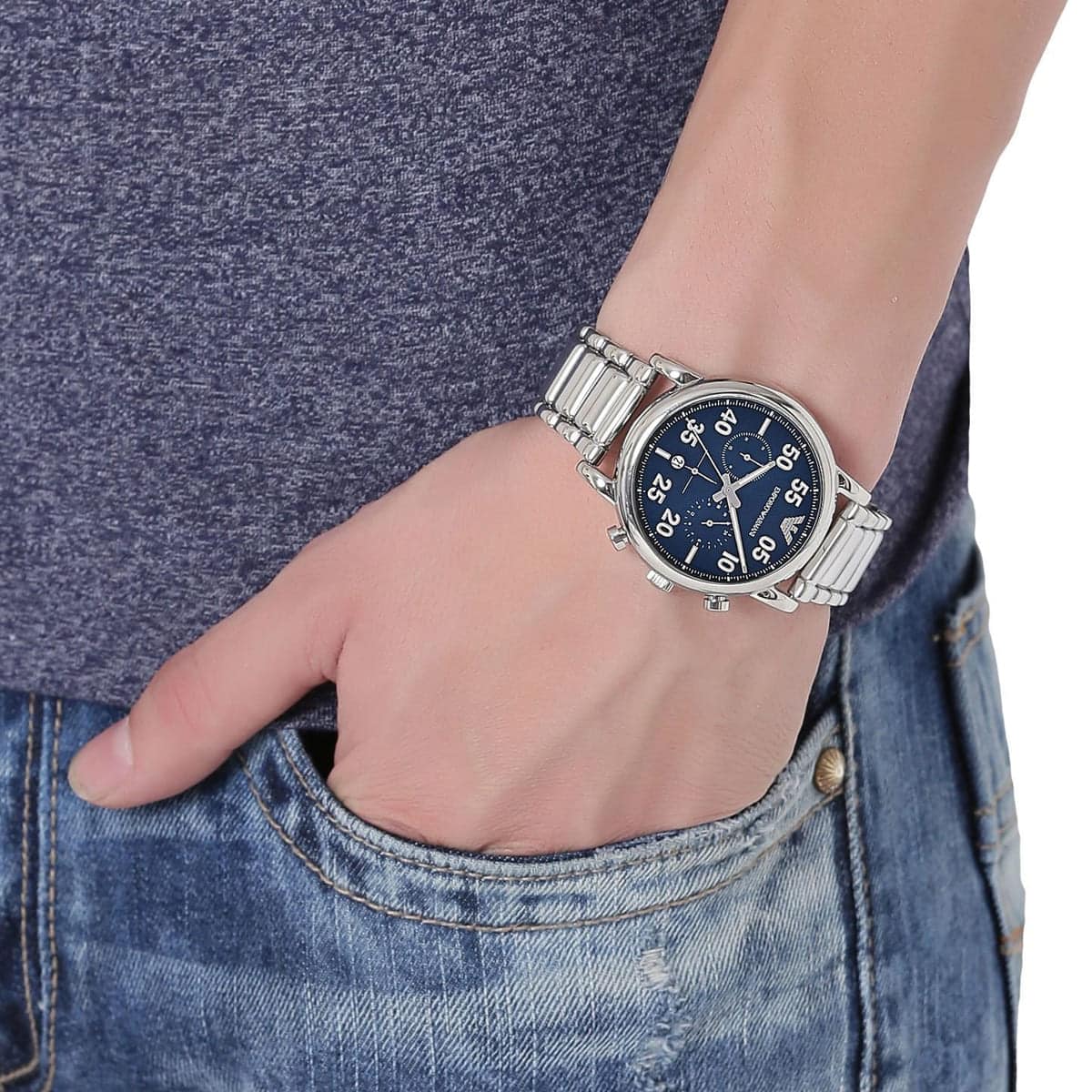 Emporio Armani Luigi Chronograph Blue Dial Silver Steel Strap Watch For Men - AR11132