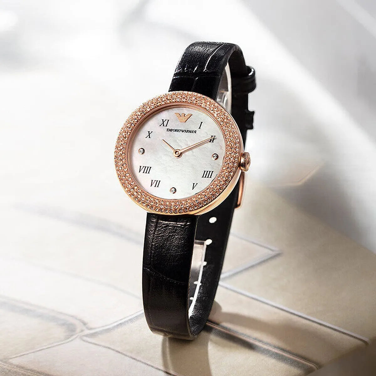 Emporio Armani Rosa Quartz Mother Of Pearl White Dial Black Leather Strap Watch For Women - AR11356