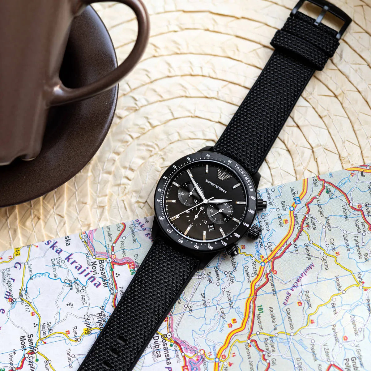 Emporio Armani Mario Chronograph Black Dial Black Nylon Strap Watch For Men - AR11453