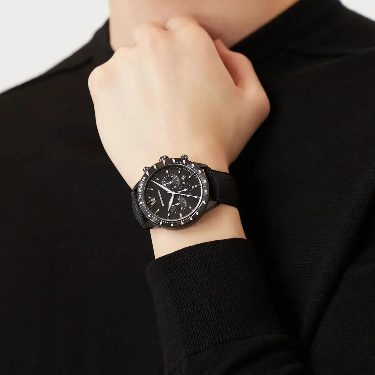 Emporio Armani Mario Chronograph Black Dial Black Nylon Strap Watch For Men - AR11453
