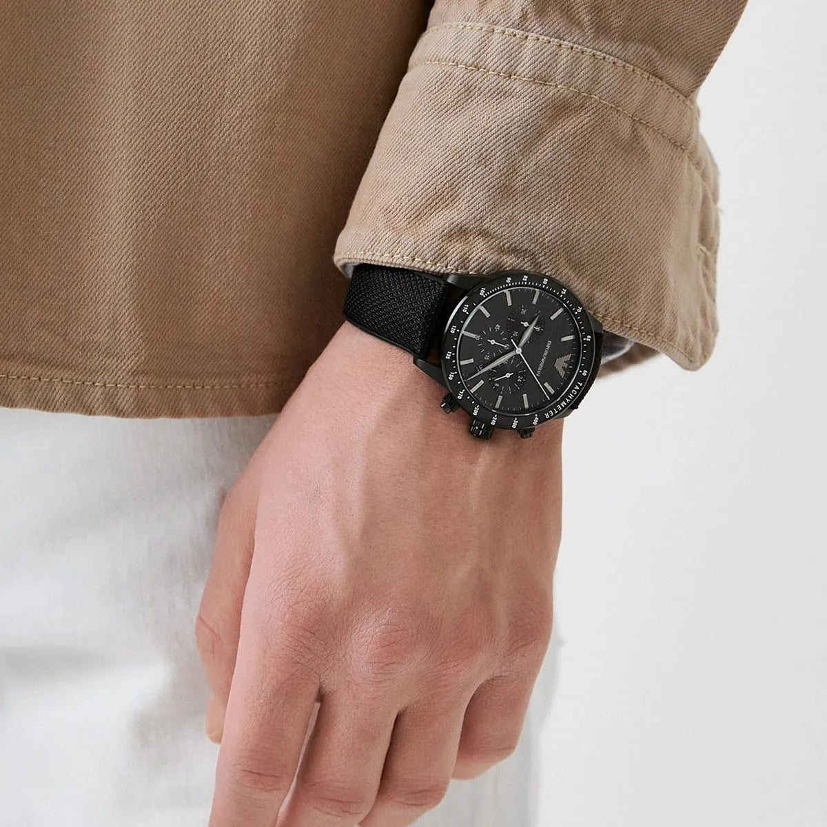 Emporio Armani Mario Chronograph Black Dial Black Nylon Strap Watch For Men - AR11453