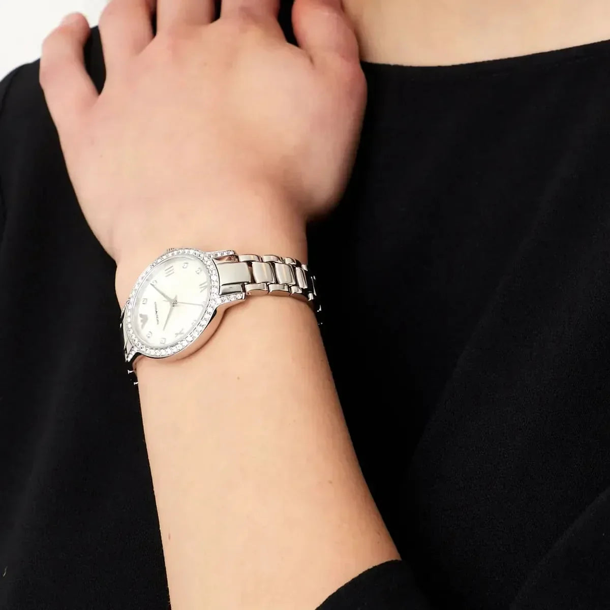 Emporio Armani Cleo Crystals Mother Of Pearl Dial Silver Steel Strap Watch For Women - AR11484