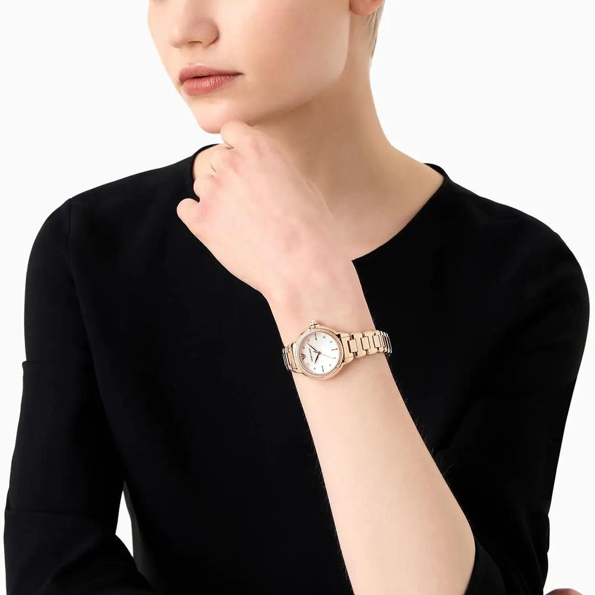 Emporio Armani Aira Three Hand Mother of Pearl Dial Rose Gold Steel Strap Watch For Women - AR11523