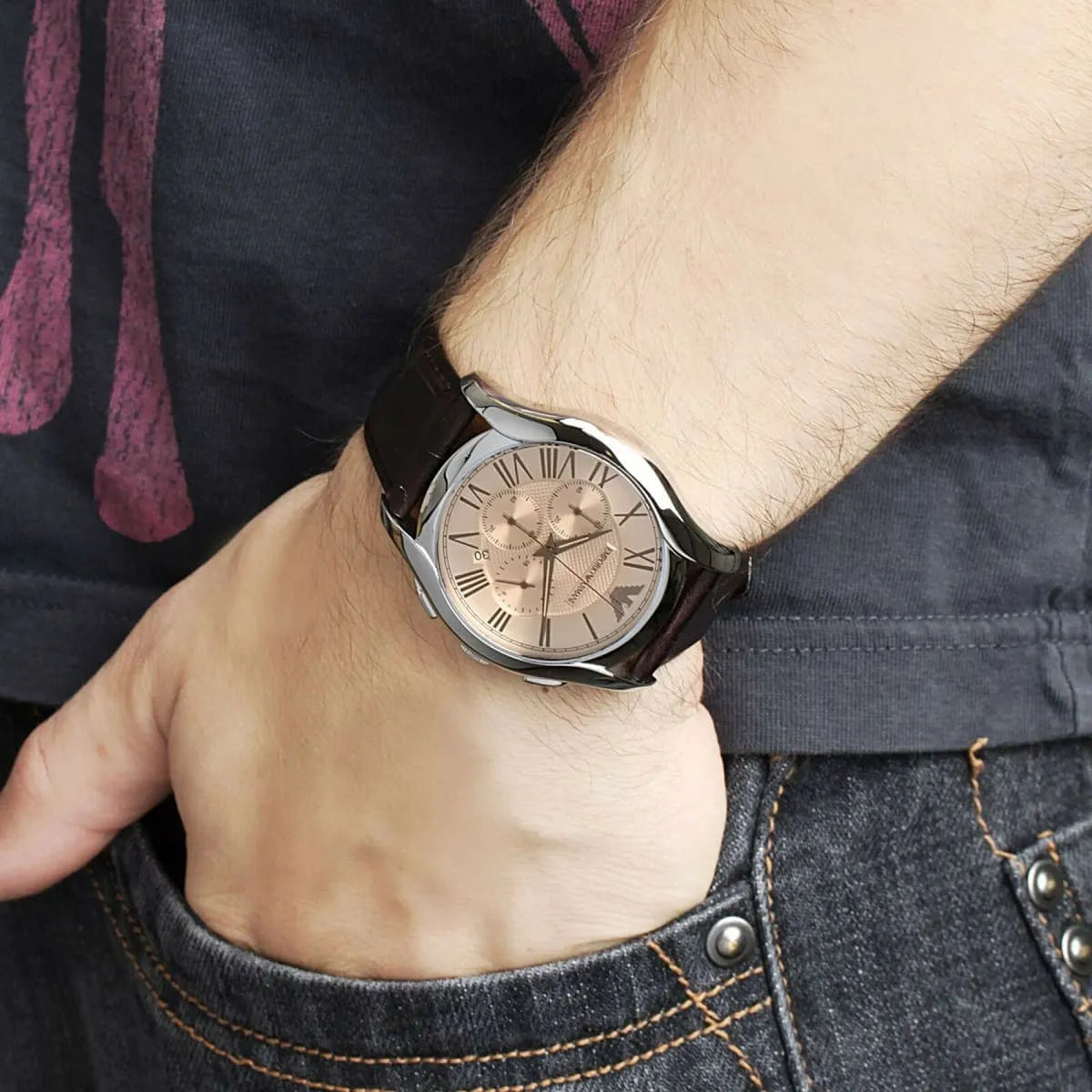 Emporio Armani Valente Chronograph Brown Dial Brown Leather Strap Watch For Men - AR1785