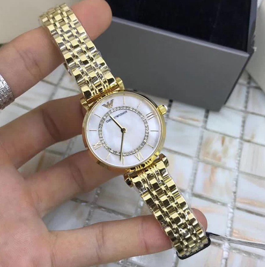 Emporio Armani Gianni T Bar Mother of Pearl White Dial Gold Steel Strap Watch For Women - AR190700