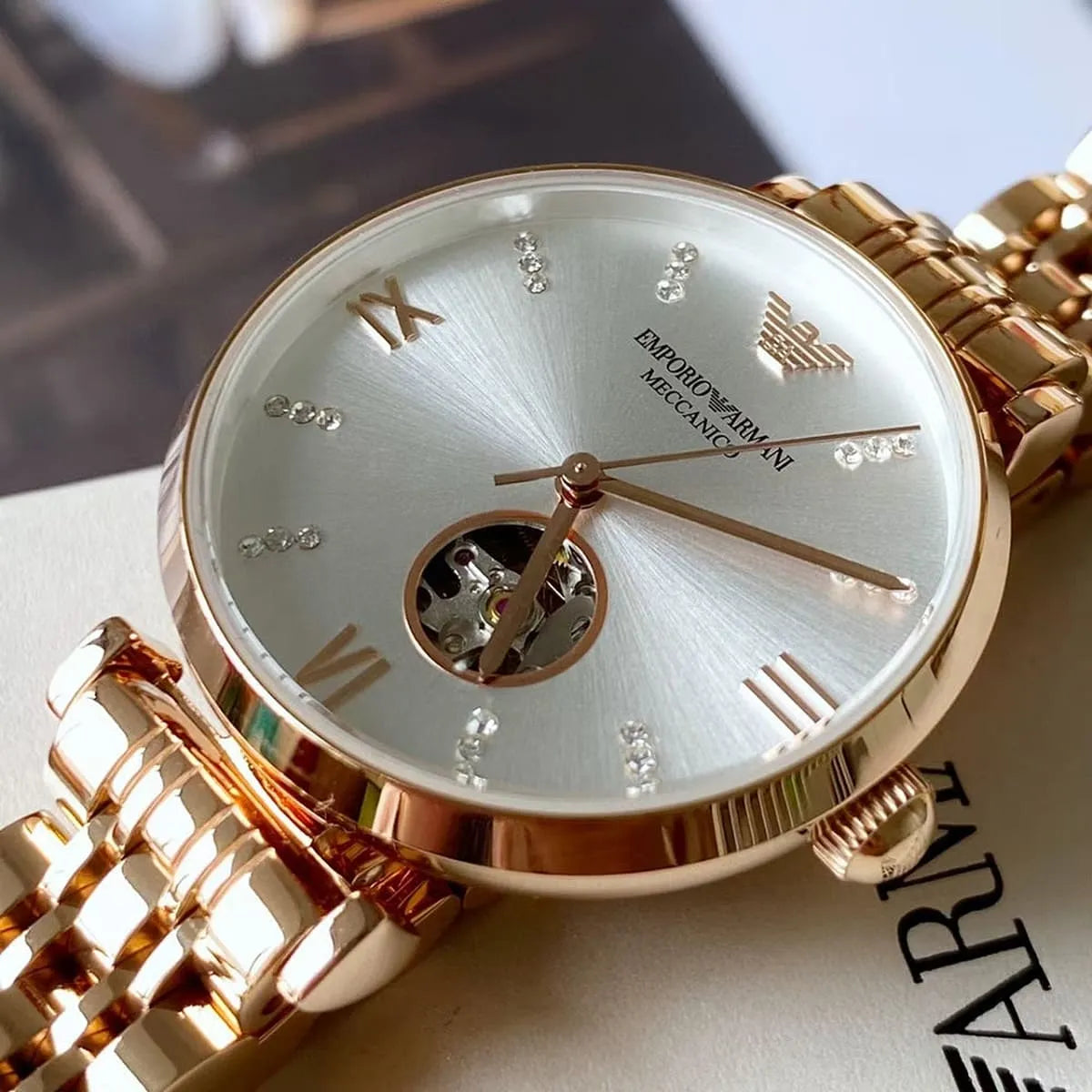 Emporio Armani Meccanico Gianni T-Bar Silver Dial Rose Gold Steel Strap Watch For Women - AR60023