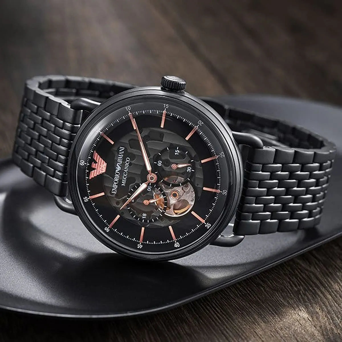 Emporio Armani Meccanico Automatic Black Dial Black Mesh Bracelet Watch For Men - AR60025