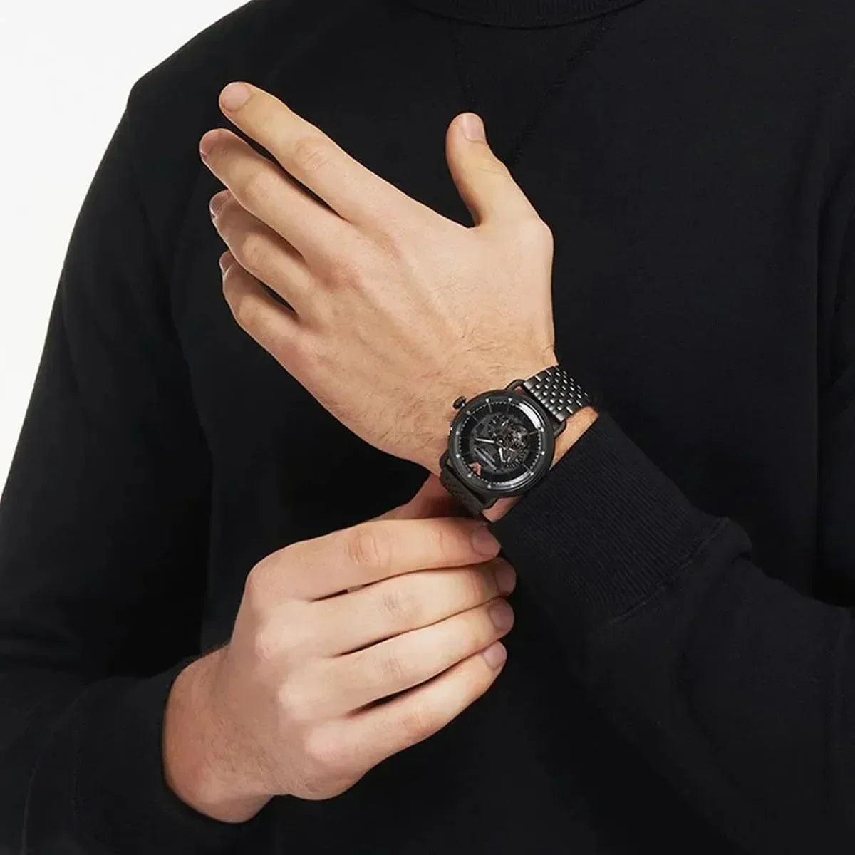 Emporio Armani Meccanico Automatic Black Dial Black Mesh Bracelet Watch For Men - AR60025