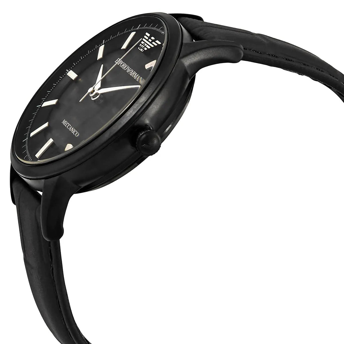 Emporio Armani Meccanico Automatic Skeleton Black Dial Black Leather Strap Watch For Men - AR60042