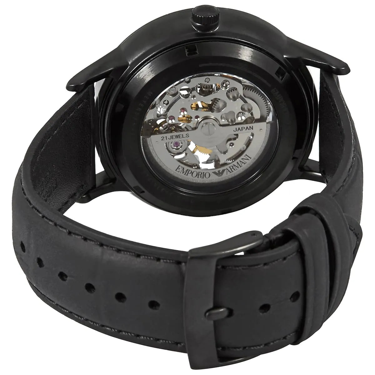 Emporio Armani Meccanico Automatic Skeleton Black Dial Black Leather Strap Watch For Men - AR60042
