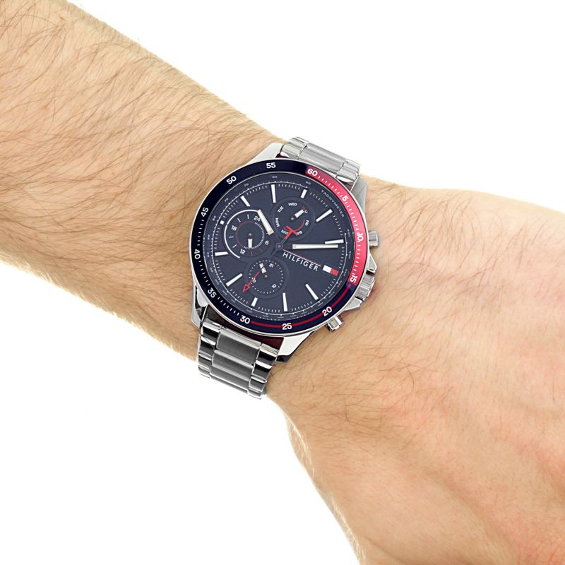Tommy Hilfiger Bank Chronograph Blue Dial Silver Steel Strap Watch for Men - 1791718