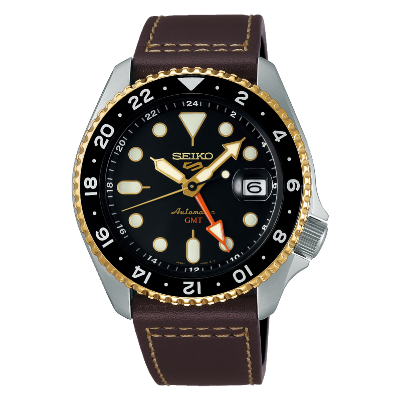 Seiko 5 Sports SKX GMT Automatic Mocha Black Dial Brown Leather Strap Watch For Men - SSK036K1