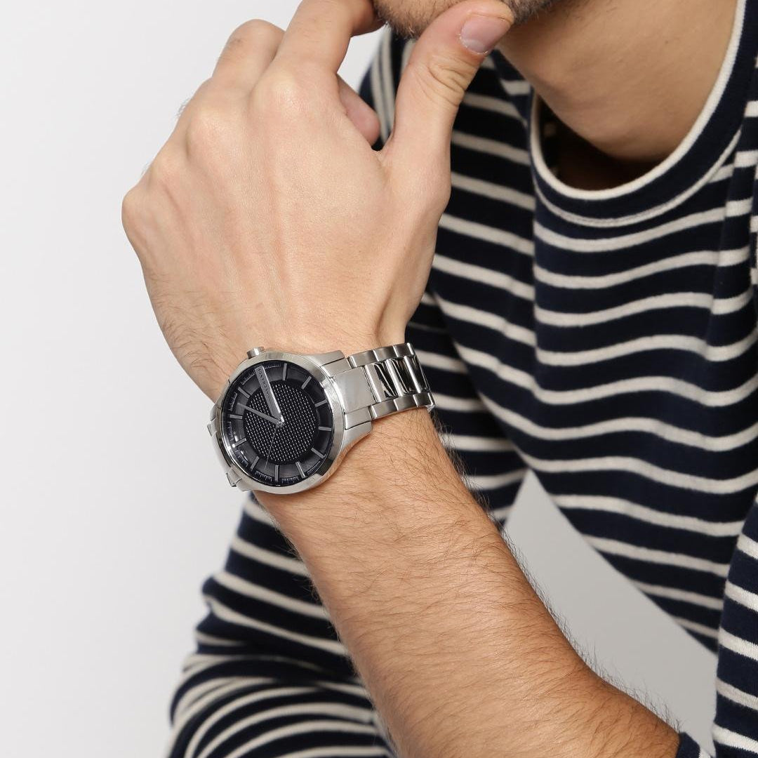 Armani Exchange Hampton Chronograph Black Dial Silver Steel Strap Watch For Men - AX2179
