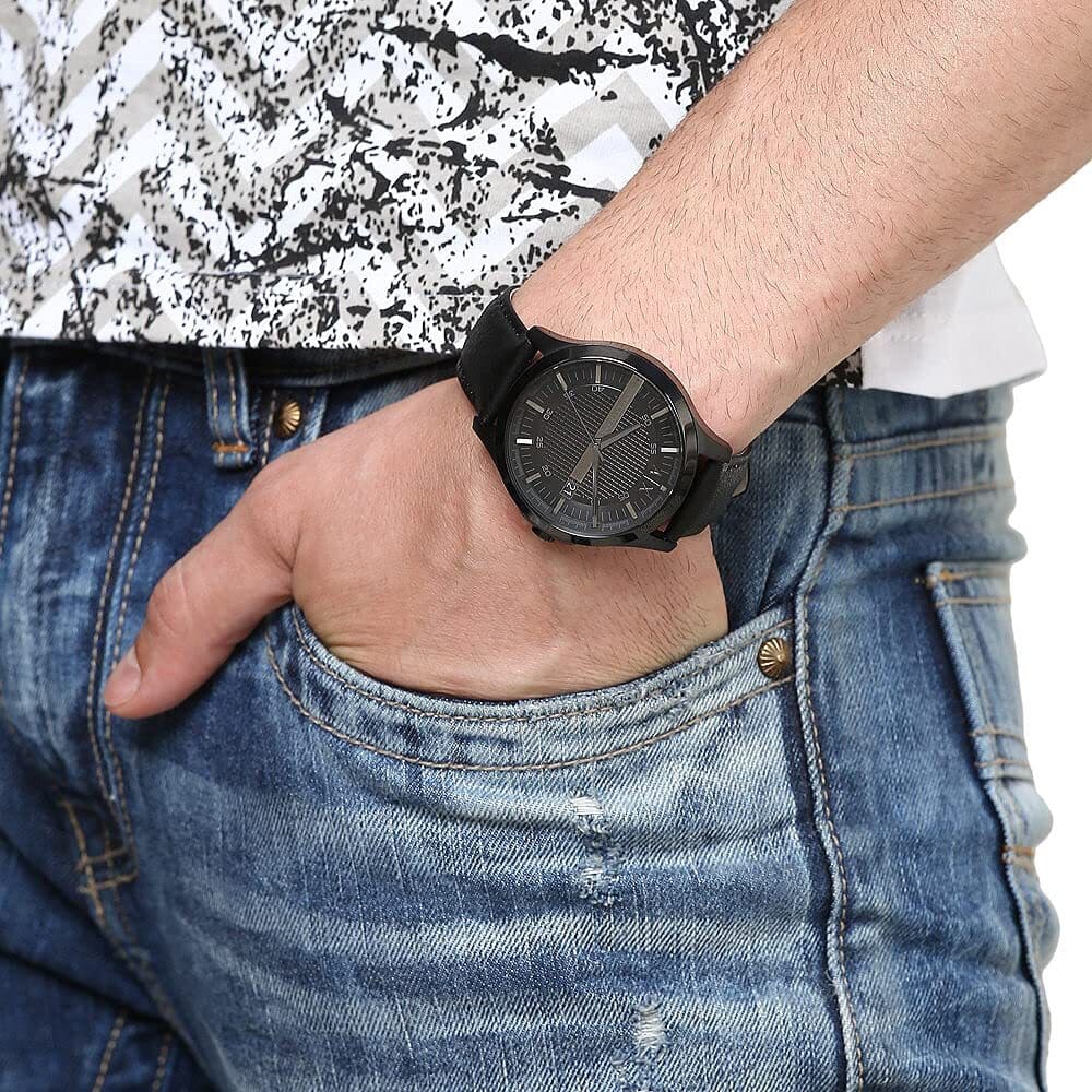 Armani Exchange Hampton Chronograph Black Dial Black Leather Strap Watch For Men - AX2400