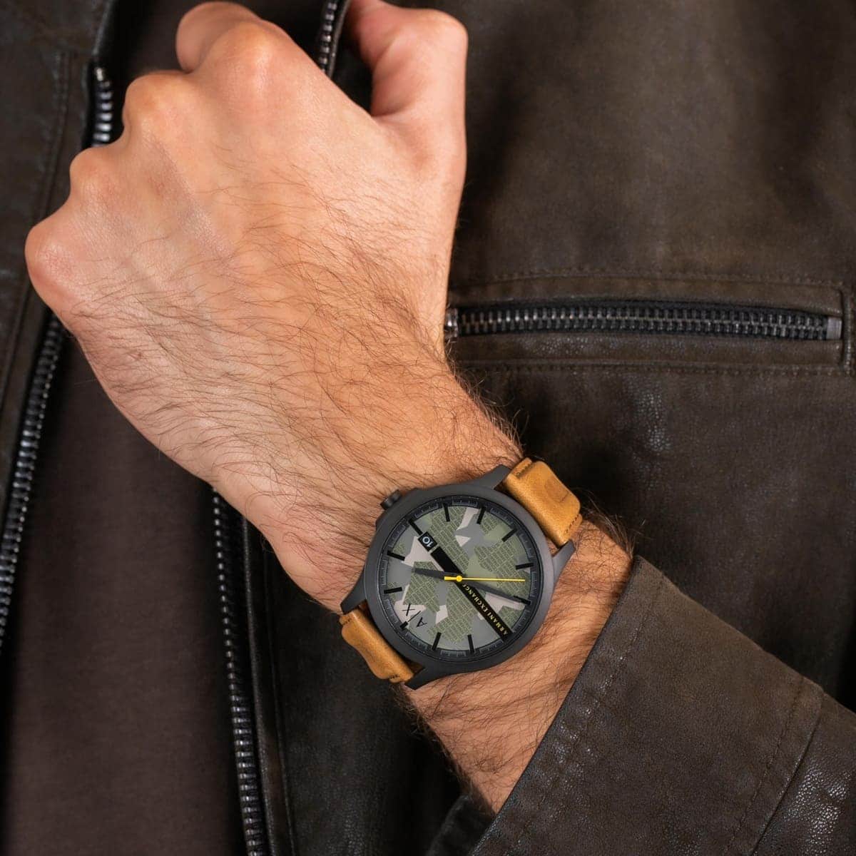 Armani Exchange Hampton Chronograph Green Dial Brown Leather Strap Watch For Men - AX2412