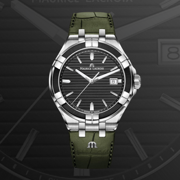 Maurice Lacroix Aikon Quartz Black Dial Green Crocodile Leather Strap Watch for Men - AI1008-PVB21-330-1