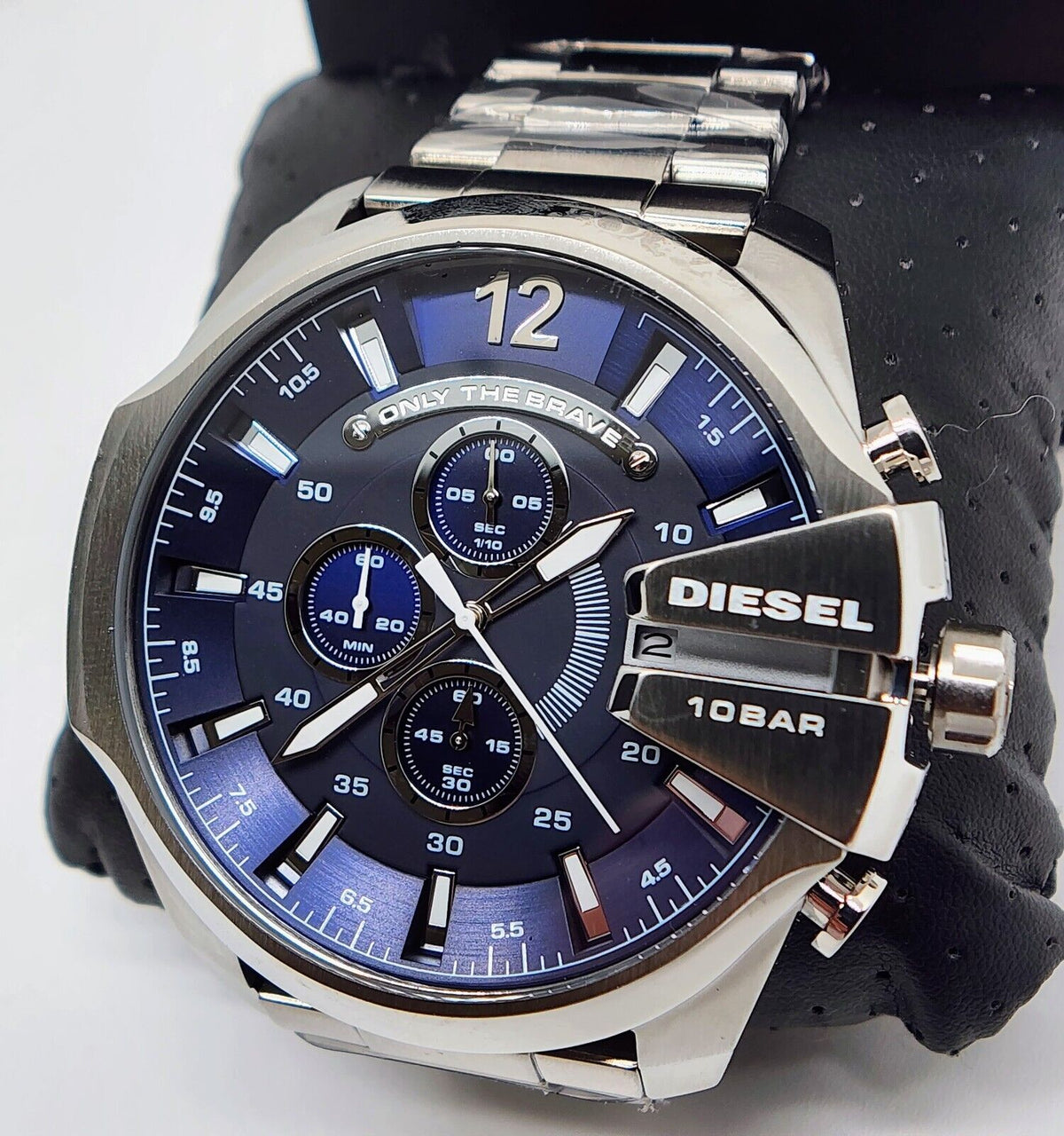 Diesel Mega Chief Chronograph Blue Dial Silver Steel Strap Watch For Men - DZ4417
