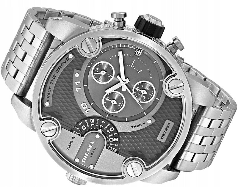 Diesel Little Daddy Chronograph Black Dial Silver Steel Strap Watch For Men - DZ7259