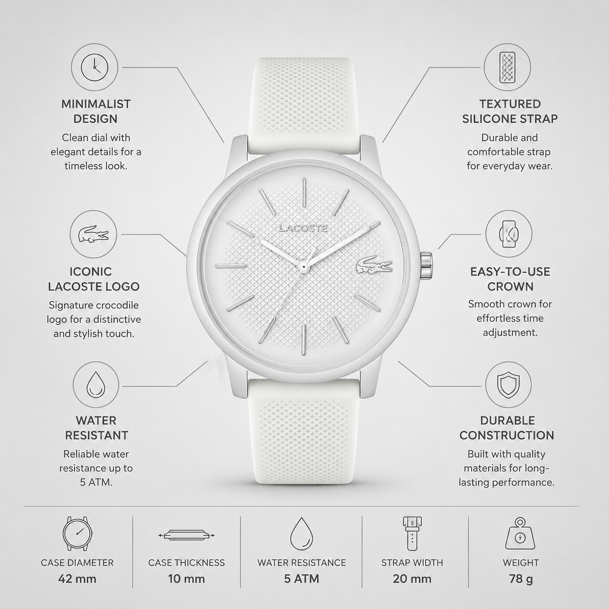 Lacoste 12.12 Move Silver Dial White Silicone Strap Watch for Men - 2011240