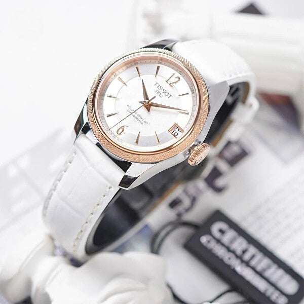 Tissot T-Classic Powermatic 80 Mother of Pearl Silver Dial White Leather Strap Watch For Women - T108.208.26.117.00