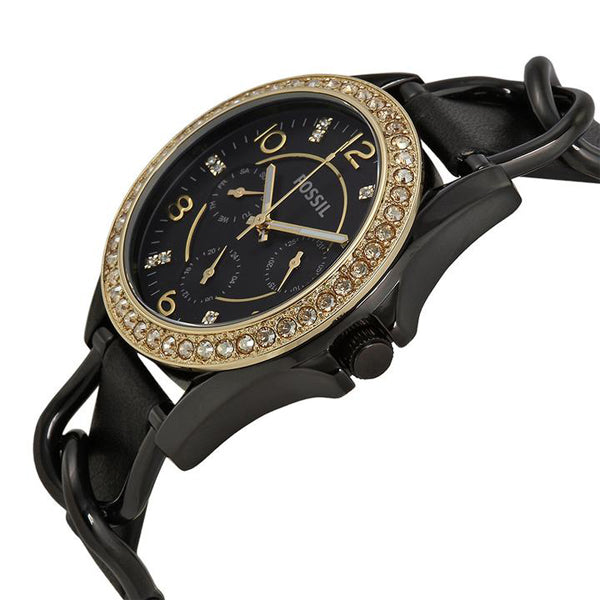 Fossil Riley Black Dial Black Leather Strap Watch for Women - ES3696