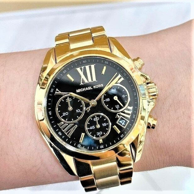 Michael Kors Bradshaw Chronograph Black Dial Gold Steel Strap Watch For Women - MK6959