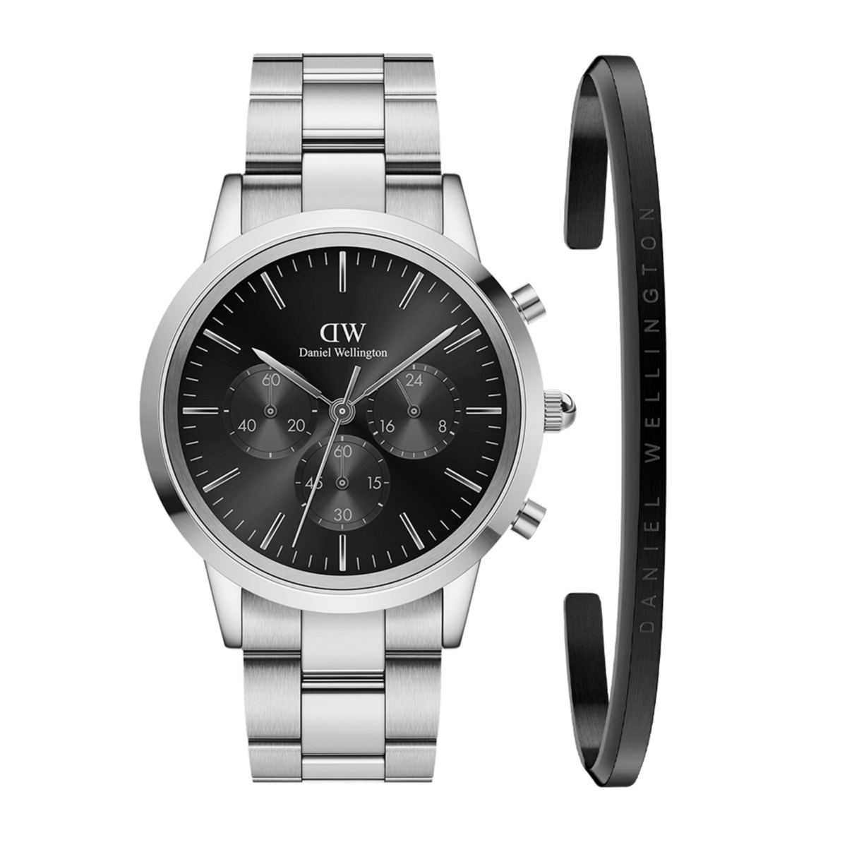 Daniel Wellington Iconic Chronograph Link Black Dial Silver Steel Strap Watch For Men  - DW00100645