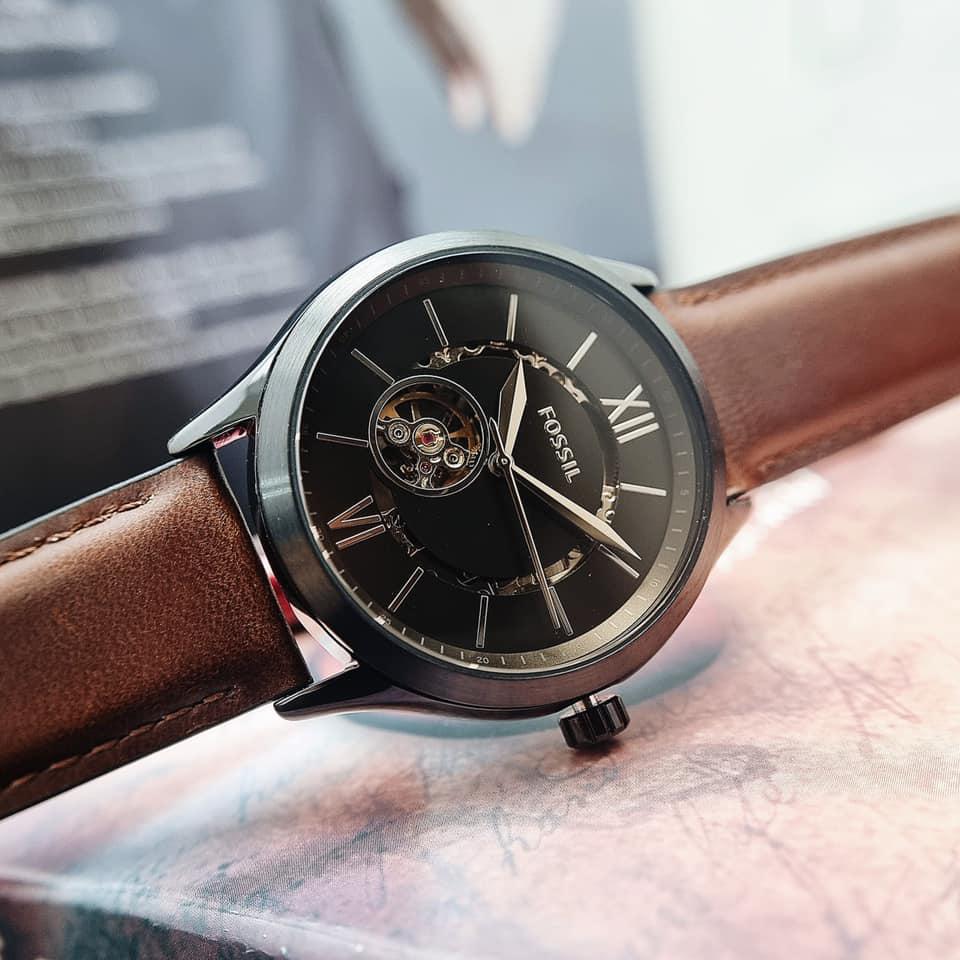 Fossil Flynn Automatic Black Dial Brown Leather Strap Watch for Men - BQ2270